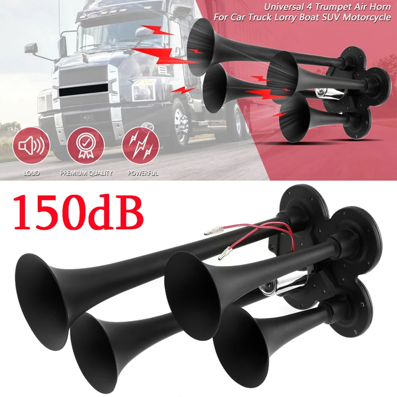 12V/24V Universal 150dB Super Loud 4 Trumpet Air Horn for Boat Train Car Vehicle
12V/24V Universal 150dB Super Loud 4 Trumpet Air Horn for Boat Train Car Vehicle