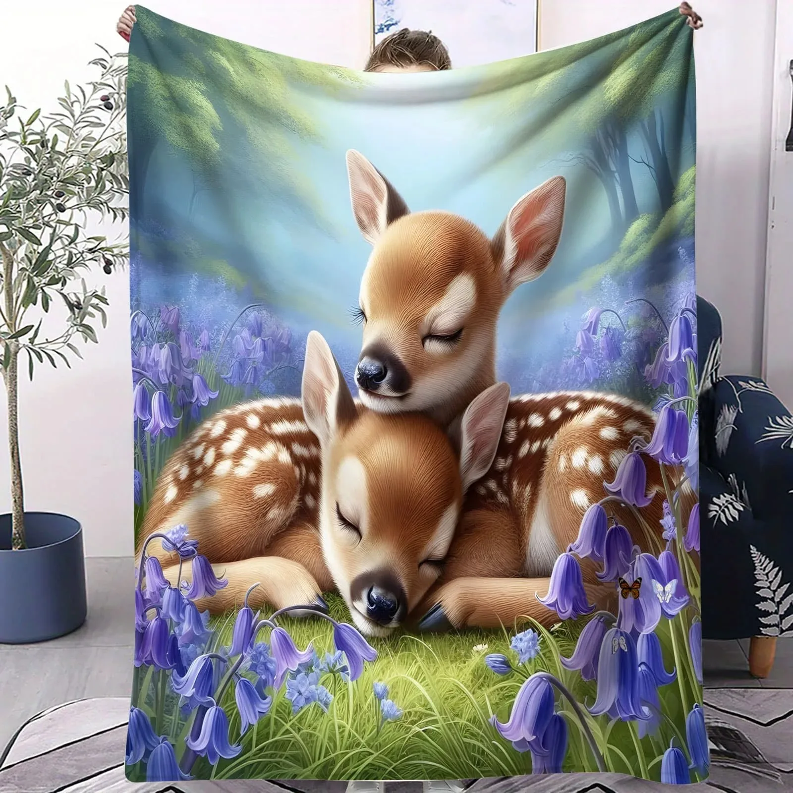Cozy Bluebell Twin Fawns & Cherry Blossom Antler Deer Fleece Blanket - Whimsical Nature Themed Soft Throw for Living Room Decor
Cozy Bluebell Twin Fawns & Cherry Blossom Antler Deer Fleece Blanket - Whimsical Nature Themed Soft Throw for Living Room Decor