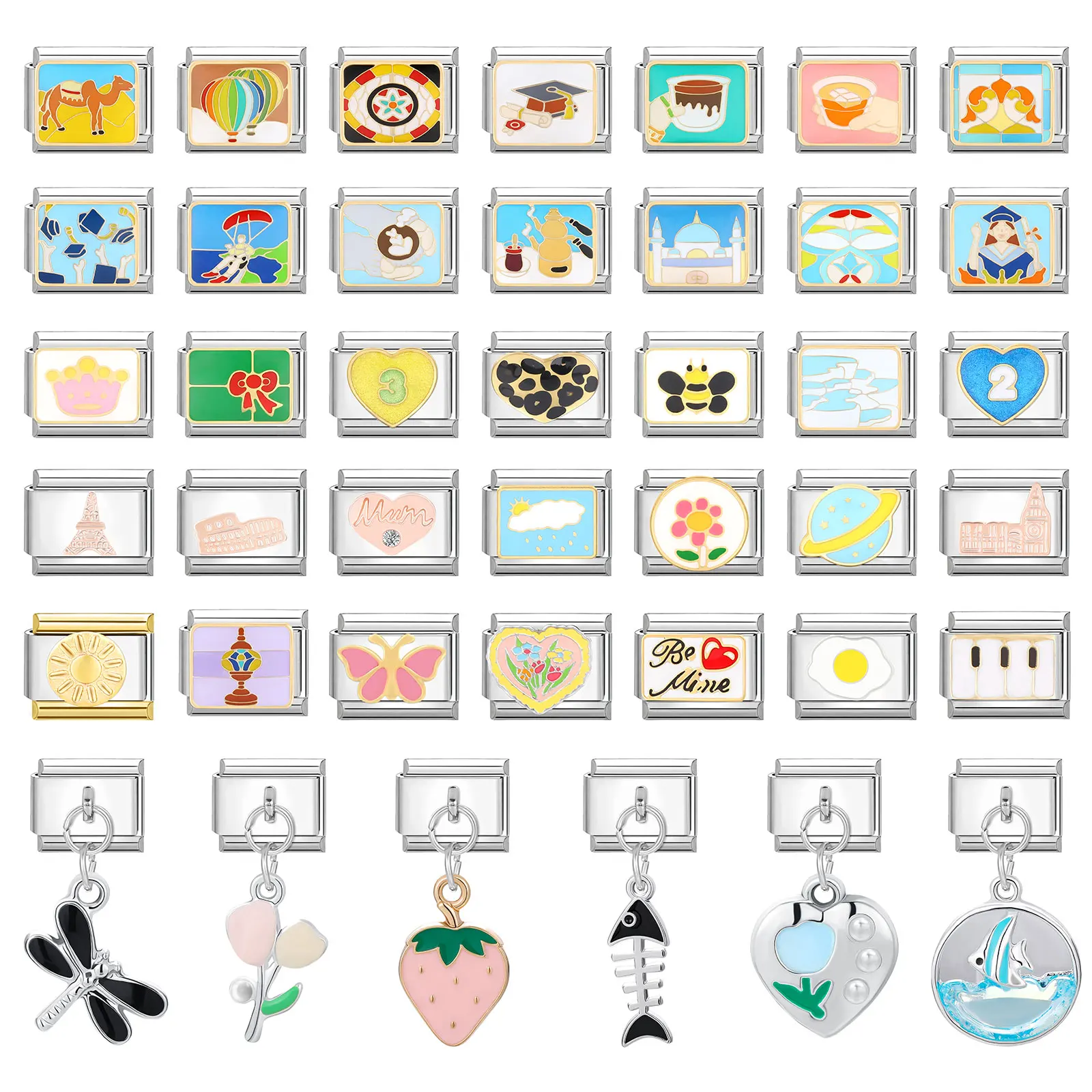 Fashion Camel Castel Hot Air Balloon Bees Heart Piano Italian Charm Links Fit 9mm Stainless Steel Bracelet Women DIY Making Gift
Fashion Camel Castel Hot Air Balloon Bees Heart Piano Italian Charm Links Fit 9mm Stainless Steel Bracelet Women DIY Making Gift