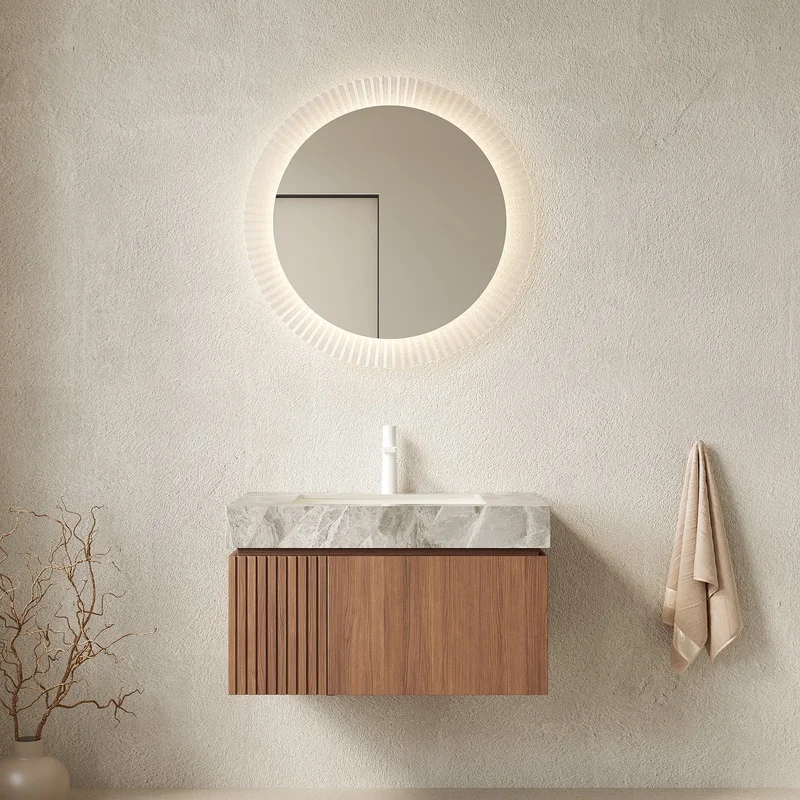 30" Floating Bathroom Vanity with Drawer and Door, Light Gray Sintered Stone Top, Ceramic Basin, Pre-drilled Faucet Hole, Brown Oak Finish
30" Floating Bathroom Vanity with Drawer and Door, Light Gray Sintered Stone Top, Ceramic Basin, Pre-drilled Faucet Hole, Brown Oak Finish