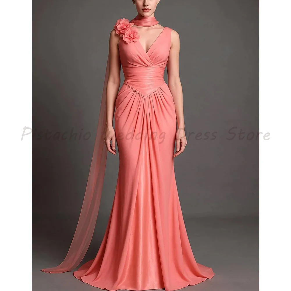 Coral Pink V-Neck Evening Gown Sleeveless with 3D Floral Shoulder Detail Draped Chiffon Mermaid Formal Maxi Dress
Coral Pink V-Neck Evening Gown Sleeveless with 3D Floral Shoulder Detail Draped Chiffon Mermaid Formal Maxi Dress