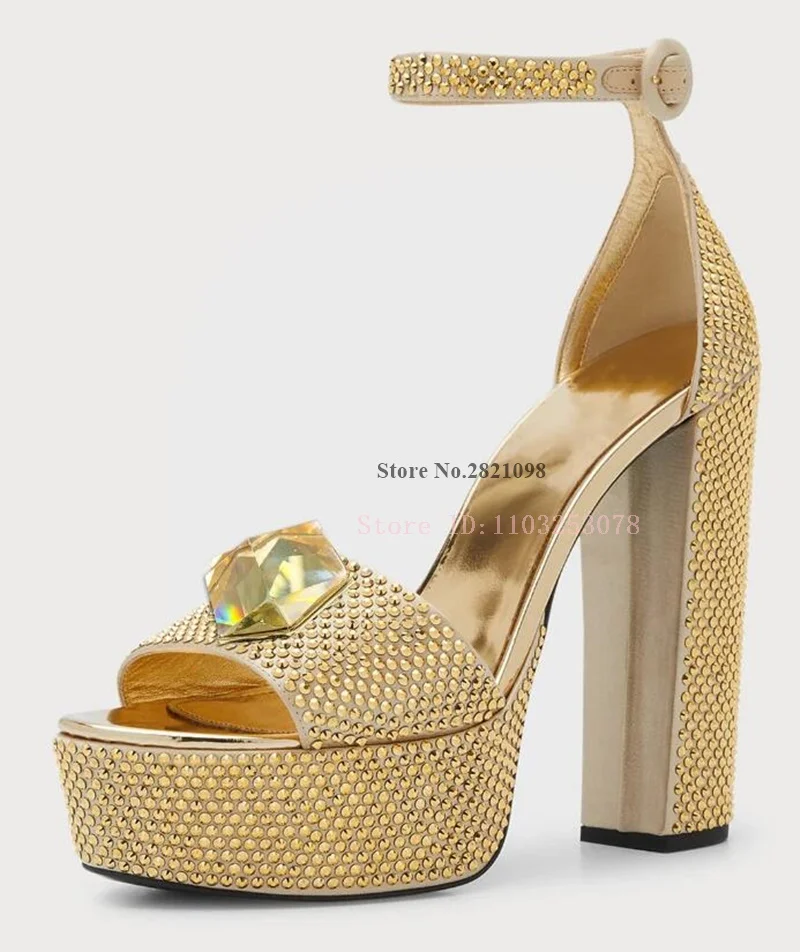 135Mm Heeled Glitter Sandals with Platform Gold Round Toe Full Rivet Women High Heels Chunky High Heel Ankle Strap Summer Shoes
135Mm Heeled Glitter Sandals with Platform Gold Round Toe Full Rivet Women High Heels Chunky High Heel Ankle Strap Summer Shoes