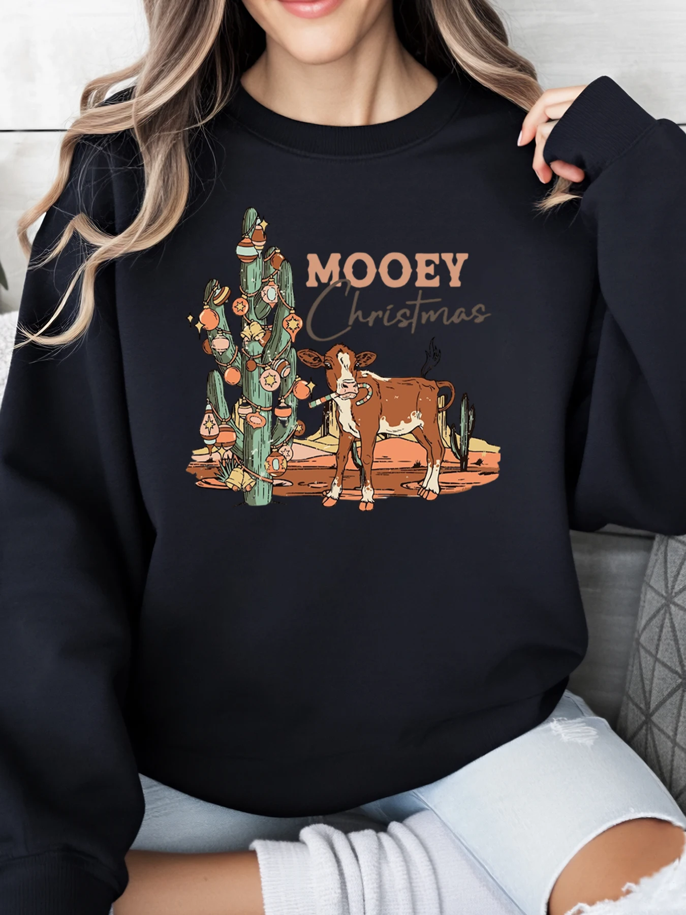 Cow and Cactus Mooey Christmas Print Sweatshirt Women Holiday Casual Wear Black Plus-Size
Cow and Cactus Mooey Christmas Print Sweatshirt Women Holiday Casual Wear Black Plus-Size