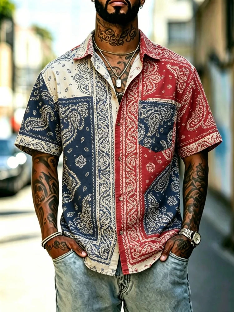 Men's Loose Comfort Short Sleeve Shirt, Red & Blue Bandana Paisley Patchwork Casual Top With Chest Pocket, Retro Western Style
Men's Loose Comfort Short Sleeve Shirt, Red & Blue Bandana Paisley Patchwork Casual Top With Chest Pocket, Retro Western Style