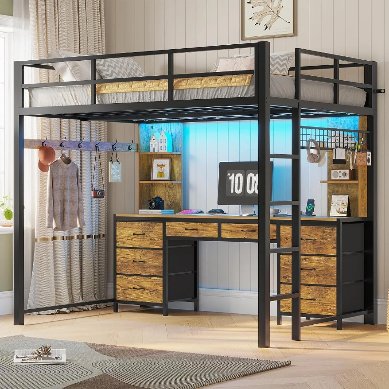 Full Size Loft Bed with Desk and 8 Storage Drawers, Metal Loft Bed Full with LED Lights & Charging Sation
Full Size Loft Bed with Desk and 8 Storage Drawers, Metal Loft Bed Full with LED Lights & Charging Sation