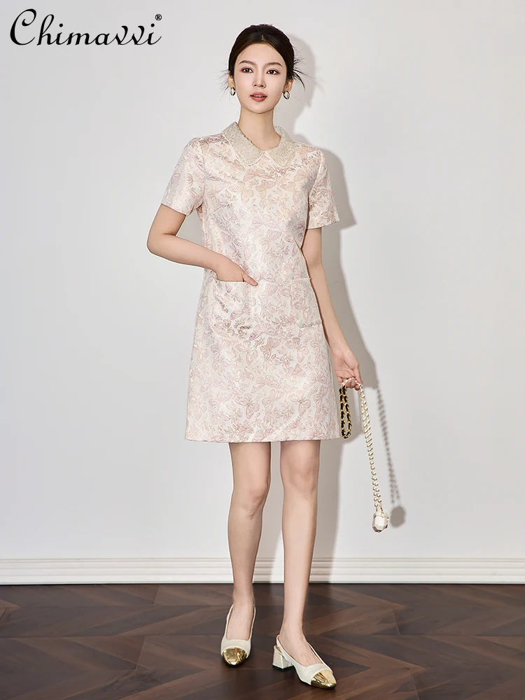 New Chinese Style Heavy Industry Bead Doll Collar Short-sleeved Jacquard High Waist Slim High-end Elegant Socialite Dress Women
New Chinese Style Heavy Industry Bead Doll Collar Short-sleeved Jacquard High Waist Slim High-end Elegant Socialite Dress Women