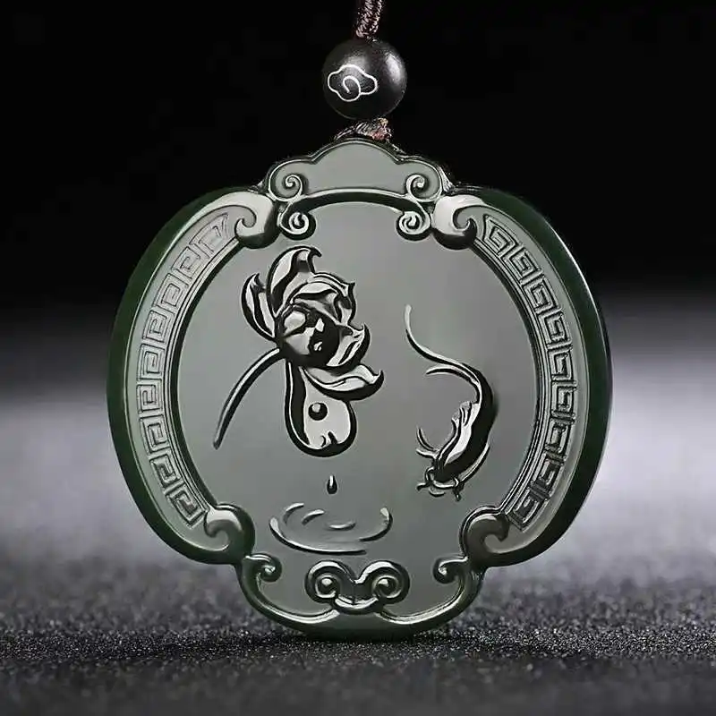 New Natural Cyan Jade Carving Lotus Fish Black Green Pendant Jadeite Charm Necklace Exquisite Jewelry Men Women with Chain
New Natural Cyan Jade Carving Lotus Fish Black Green Pendant Jadeite Charm Necklace Exquisite Jewelry Men Women with Chain