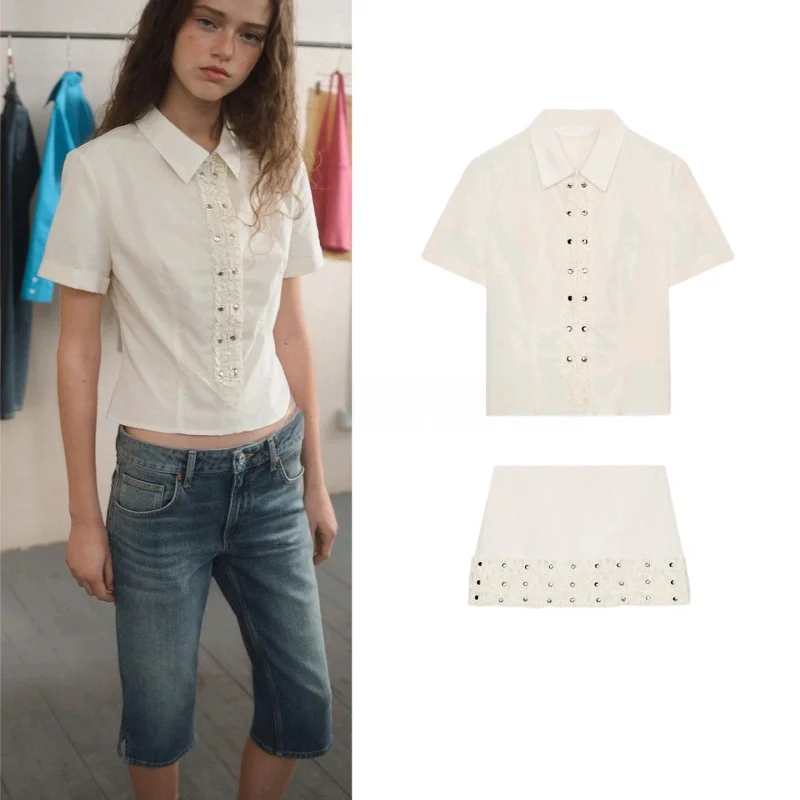 Slim Fit Short Sleeve Shirt with Turn-down Collar And Decorative Rivets Skirt Spring Fashion Set for Women Chinese Brand
Slim Fit Short Sleeve Shirt with Turn-down Collar And Decorative Rivets Skirt Spring Fashion Set for Women Chinese Brand