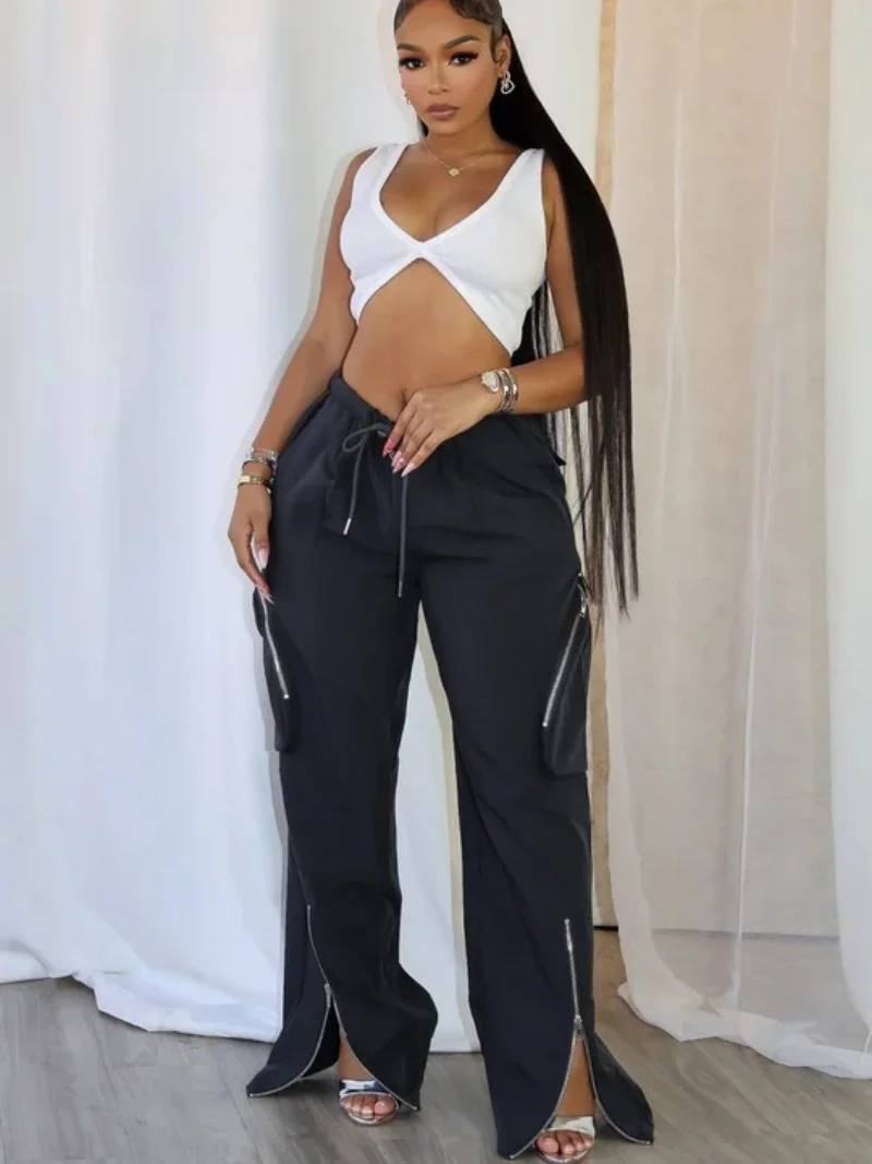 Streetwear Zipper Pockets Cargo Pants Spring Clothing Women Elastic Waist Zip Fly Hem Split Straight Pants Safari Style Trousers
Streetwear Zipper Pockets Cargo Pants Spring Clothing Women Elastic Waist Zip Fly Hem Split Straight Pants Safari Style Trousers