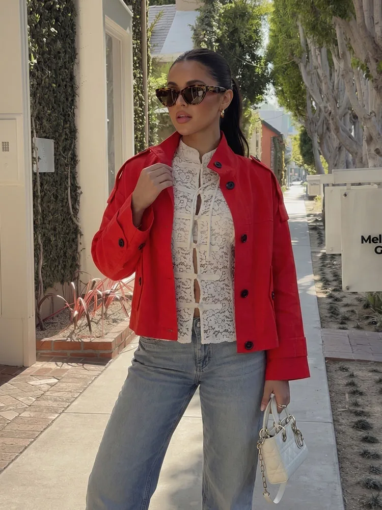 HH Women Summer Effortless Chic Red Military Jacket Spring Stand Collar Epaulet Black Button Cropped Lightweight Outerwear
HH Women Summer Effortless Chic Red Military Jacket Spring Stand Collar Epaulet Black Button Cropped Lightweight Outerwear