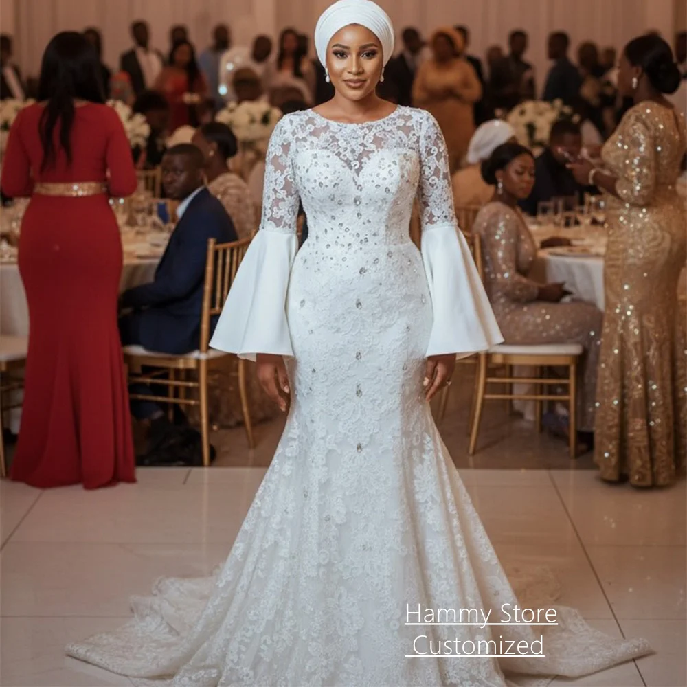 Africa Wedding Dress Customized Round Neck Flare Sleeves Crystal Lace Mermaid Bridal Gown Vestido De Noiva Sweep Train
Africa Wedding Dress Customized Round Neck Flare Sleeves Crystal Lace Mermaid Bridal Gown Vestido De Noiva Sweep Train
