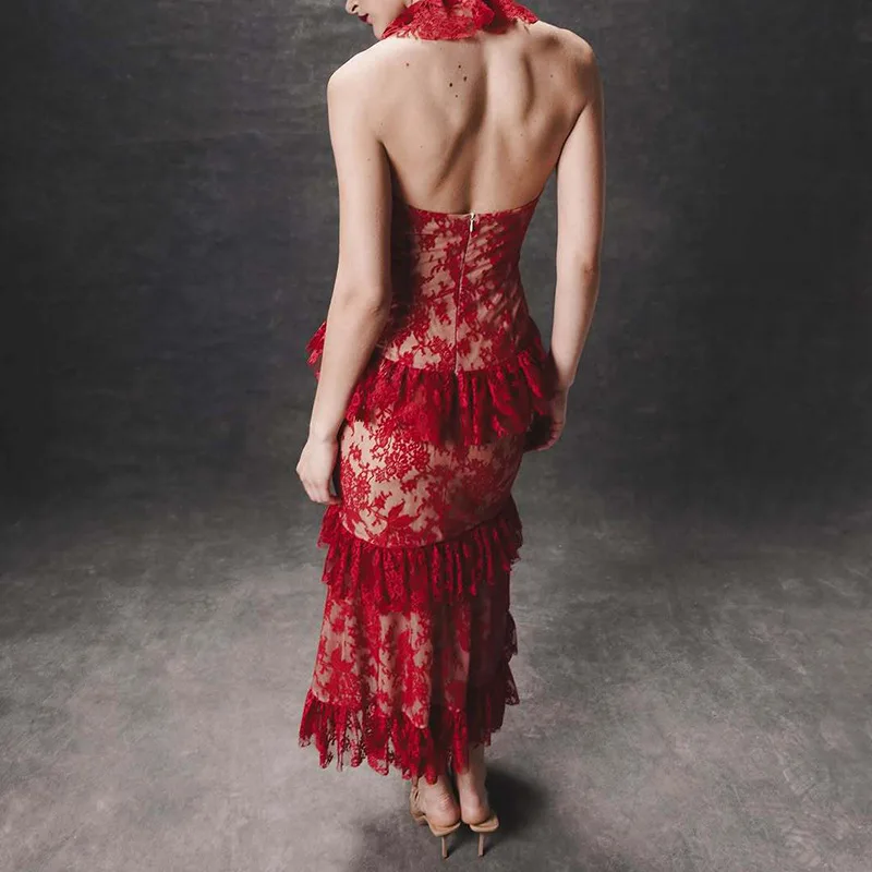 Women Red Sleeveless Backeless Floral Lace Slim Dresses Sexy Halter Neck Lace Patchwork Ruffles Midi Dress Evening Party Gowns
Women Red Sleeveless Backeless Floral Lace Slim Dresses Sexy Halter Neck Lace Patchwork Ruffles Midi Dress Evening Party Gowns