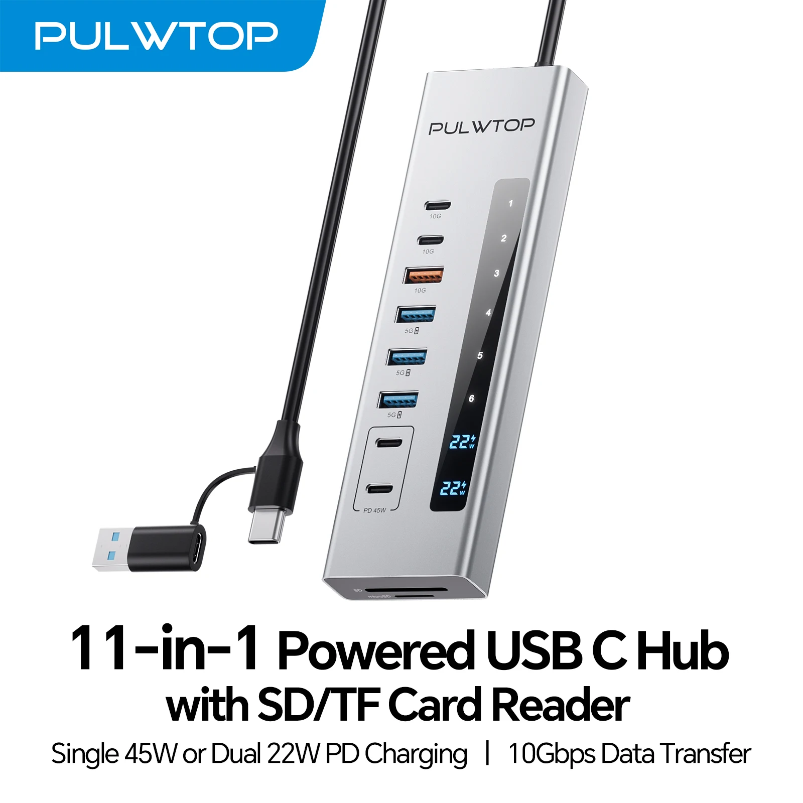 PULWTOP Powered USB C Hub with SD/TF, USB C 10Gbps, USB-A 5/10Gbps and 2 * 24/45W Type-C PD Charging Ports (Not Support Video)
PULWTOP Powered USB C Hub with SD/TF, USB C 10Gbps, USB-A 5/10Gbps and 2 * 24/45W Type-C PD Charging Ports (Not Support Video)