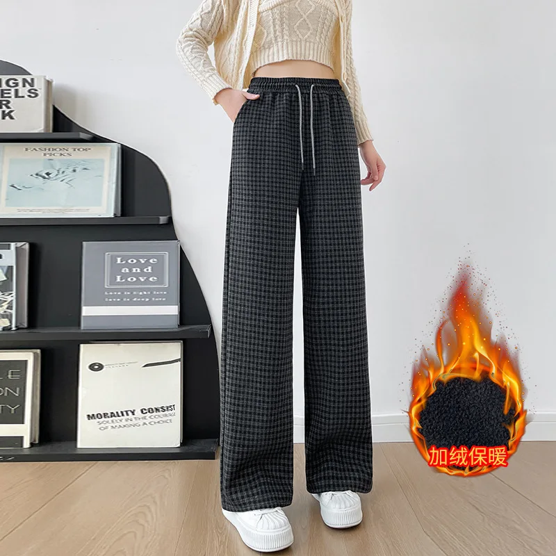 Women Woolen Fleece Trousers Thick Vintage Black White Plaid Lining Plush Elastic Waist Casual Pants Warm Straight Leg Trousers
Women Woolen Fleece Trousers Thick Vintage Black White Plaid Lining Plush Elastic Waist Casual Pants Warm Straight Leg Trousers