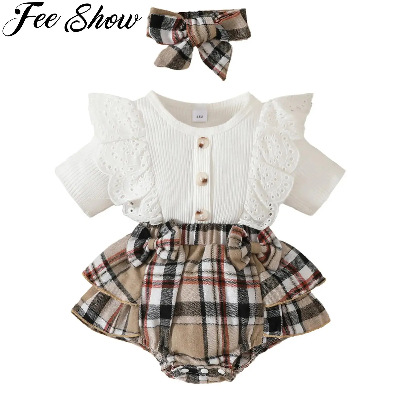 Infant Baby Girls Short Sleeve Lace Ruffled Plaid Bowknot Romper with Headband Summer Clothes Birthday Party Casual Daily Wear 
Infant Baby Girls Short Sleeve Lace Ruffled Plaid Bowknot Romper with Headband Summer Clothes Birthday Party Casual Daily Wear