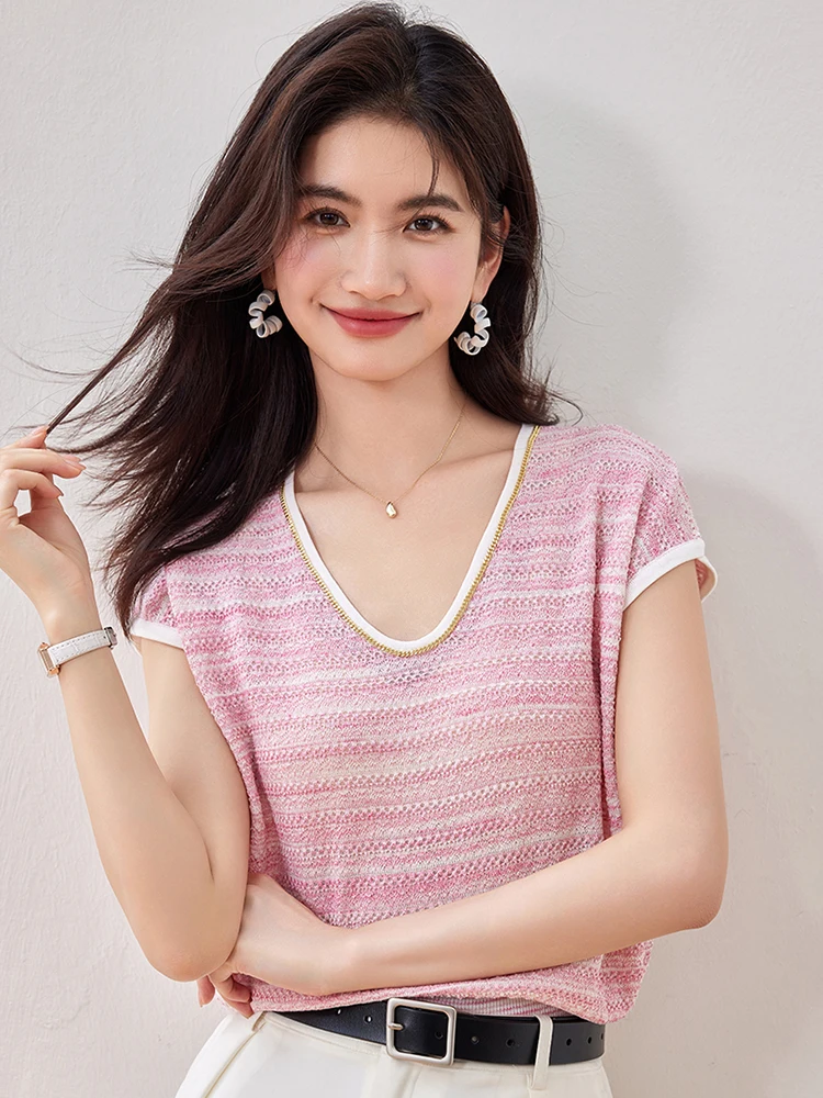 Striped T Shirt Women Casual V-Neck Knitted T-shirt 2025 New Sweet Fashionable Top Short Sleeve Tee Shirts
Striped T Shirt Women Casual V-Neck Knitted T-shirt 2025 New Sweet Fashionable Top Short Sleeve Tee Shirts