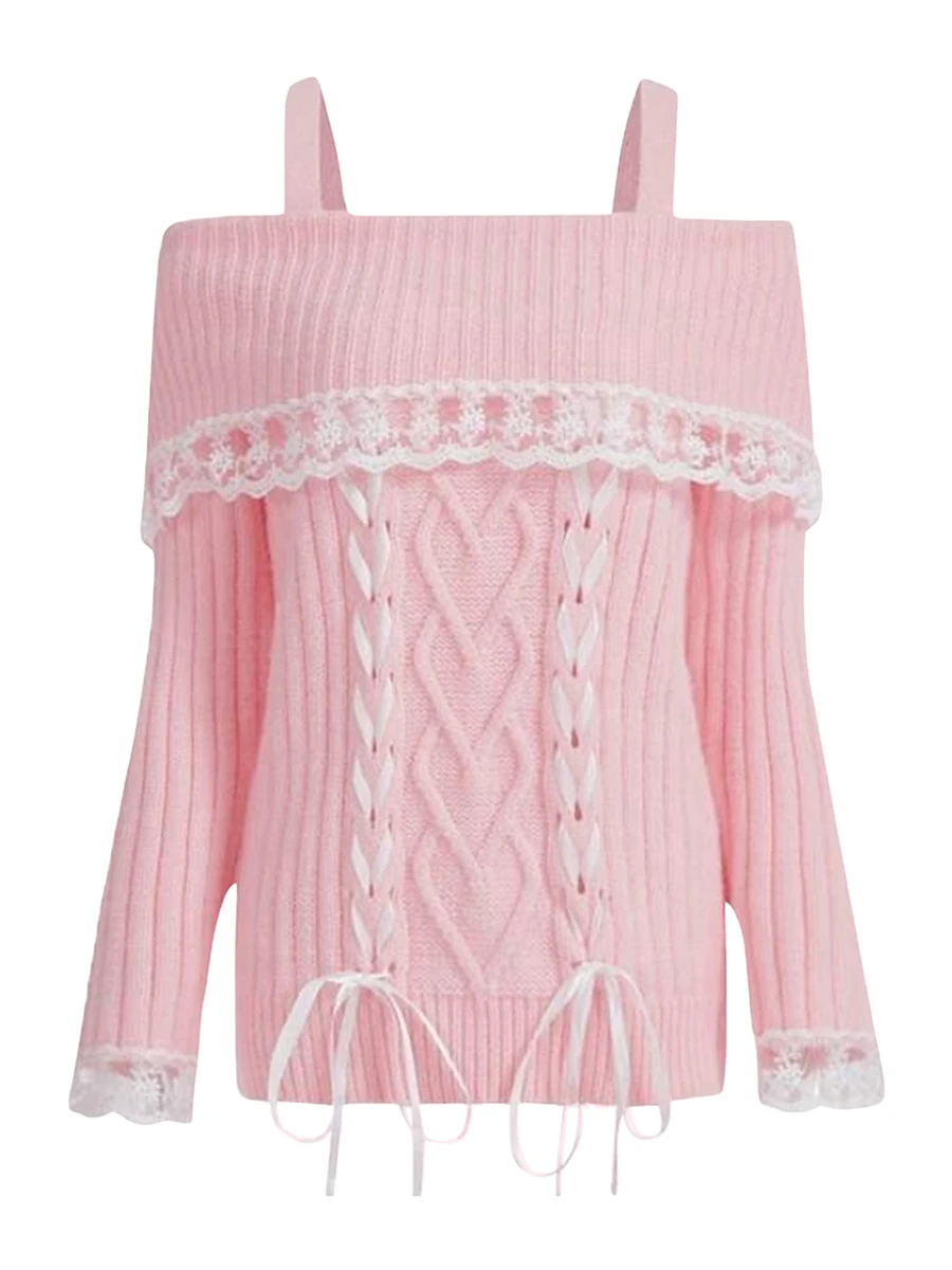 Fairycore Slim Knit Sweater Women Lace Trim Cross Tie-Up Long Sleeve Pullovers Fall Winter Boat Neck Off Shoulder Jumpers
Fairycore Slim Knit Sweater Women Lace Trim Cross Tie-Up Long Sleeve Pullovers Fall Winter Boat Neck Off Shoulder Jumpers