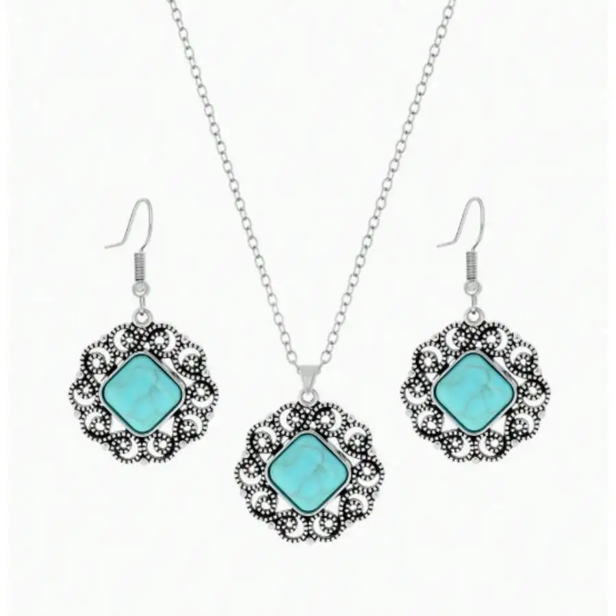 European And American Turquoise Diamond Retro National Style Hollow Flower Earrings Necklace Earrings Jewelry Set Women Elegant
European And American Turquoise Diamond Retro National Style Hollow Flower Earrings Necklace Earrings Jewelry Set Women Elegant