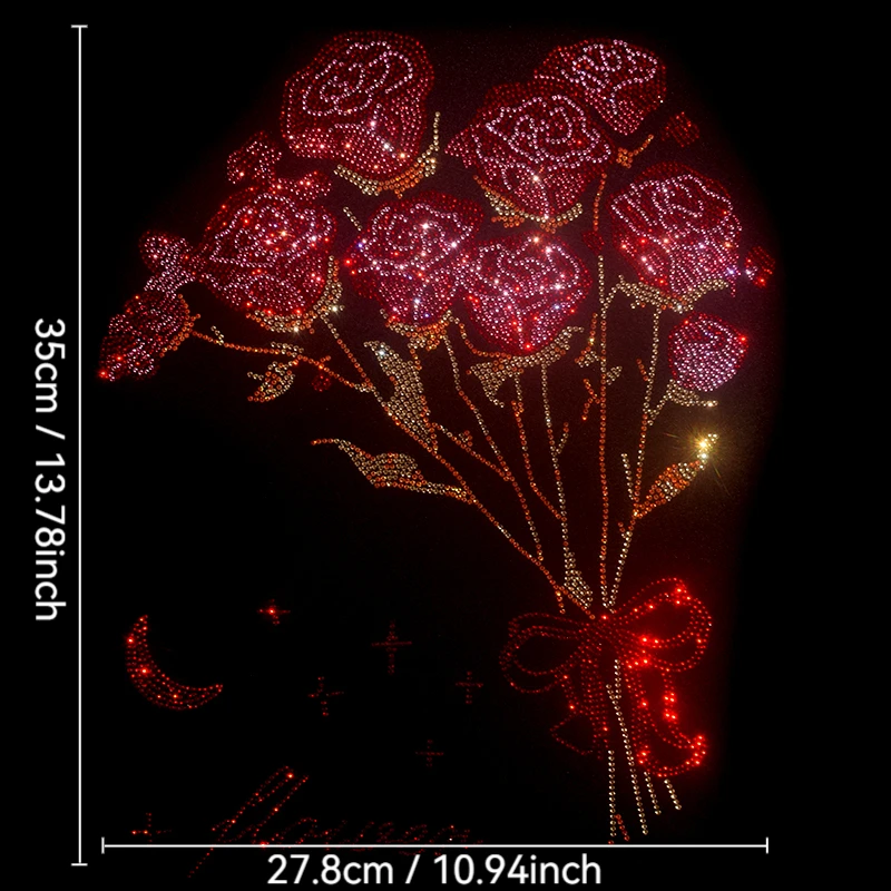 Sparkling Red Rose Bouquet with Golden Leaves Rhinestone Heat Transfer for Tops, Bags and Romantic Home Decor
Sparkling Red Rose Bouquet with Golden Leaves Rhinestone Heat Transfer for Tops, Bags and Romantic Home Decor
