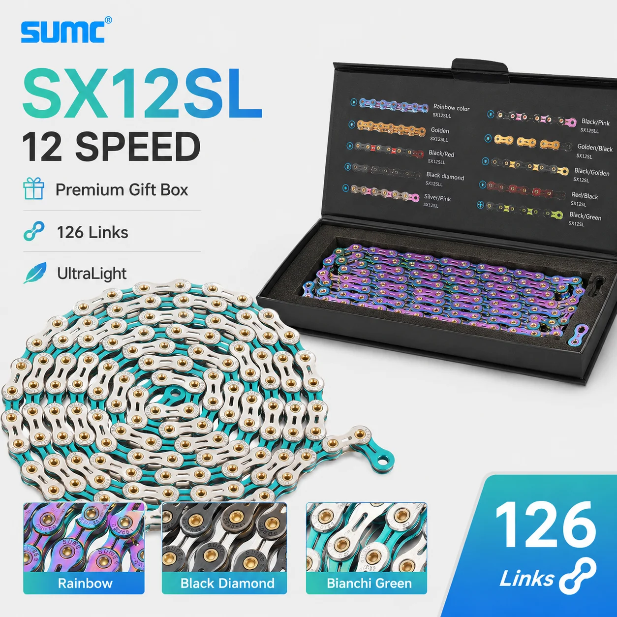 SUMC SX12SL 12 Speed Bicycle Chain Diamond Color MTB Road Bike Chain Ultralight Durable 126L Missing Link For 12S Drivetrain
SUMC SX12SL 12 Speed Bicycle Chain Diamond Color MTB Road Bike Chain Ultralight Durable 126L Missing Link For 12S Drivetrain