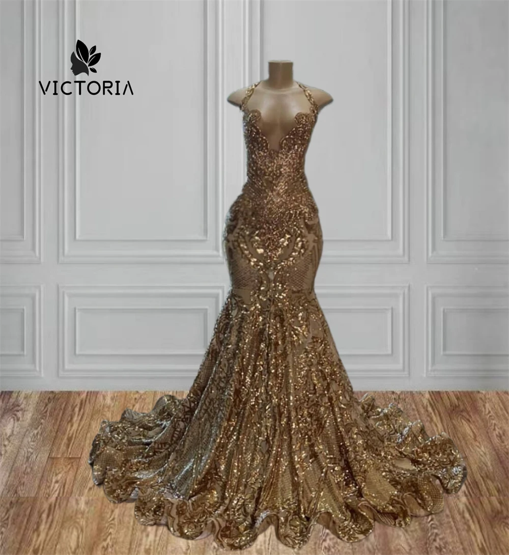 Popular Gold Halter Prom Dresses Beaded Rhinestones Sequins Mermaid African Party Dress Black Girls Birthday Gown Customized
Popular Gold Halter Prom Dresses Beaded Rhinestones Sequins Mermaid African Party Dress Black Girls Birthday Gown Customized