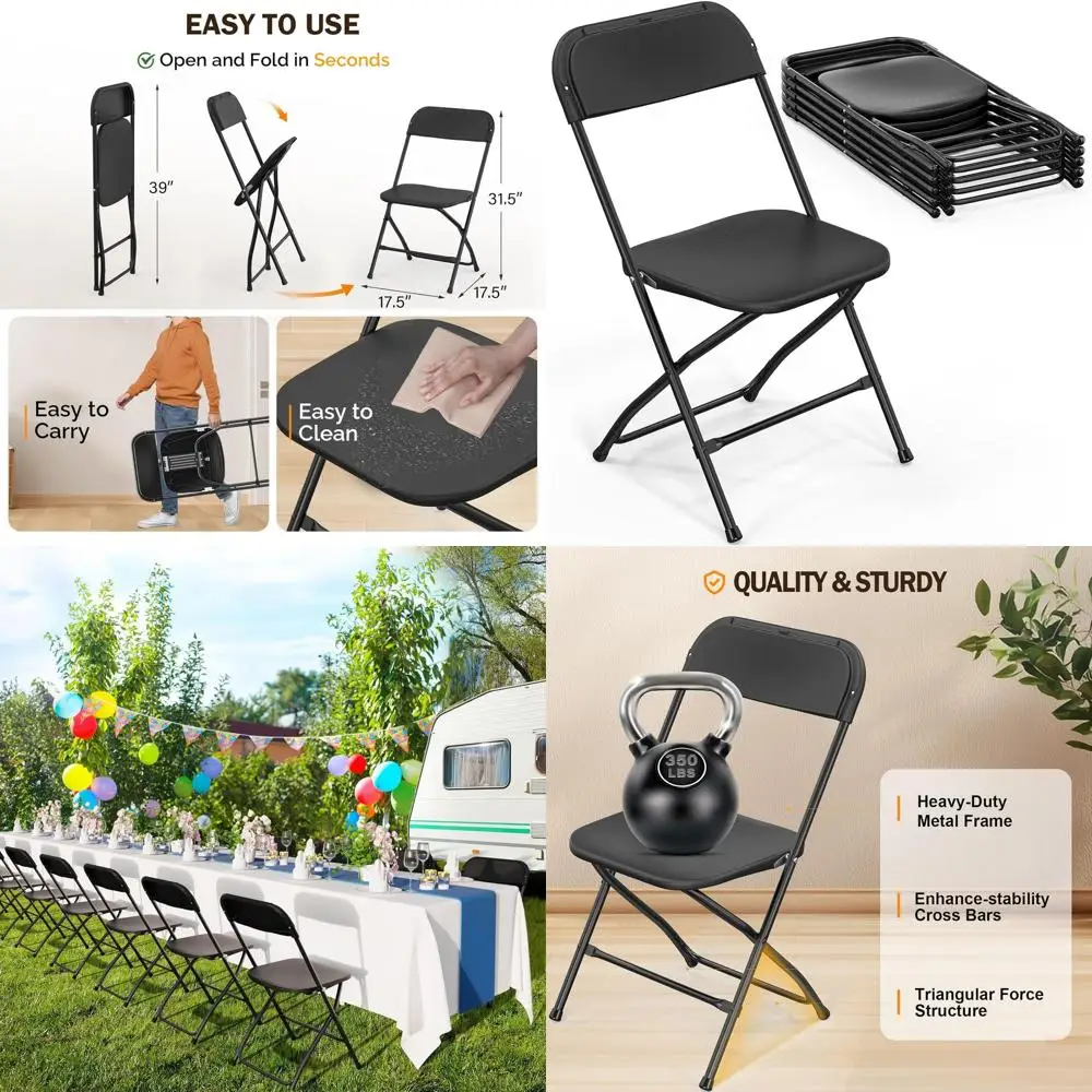 6-Pack Black Plastic Folding Chairs with Metal Frame, Ideal for Parties, Events, and Outdoor Use
6-Pack Black Plastic Folding Chairs with Metal Frame, Ideal for Parties, Events, and Outdoor Use