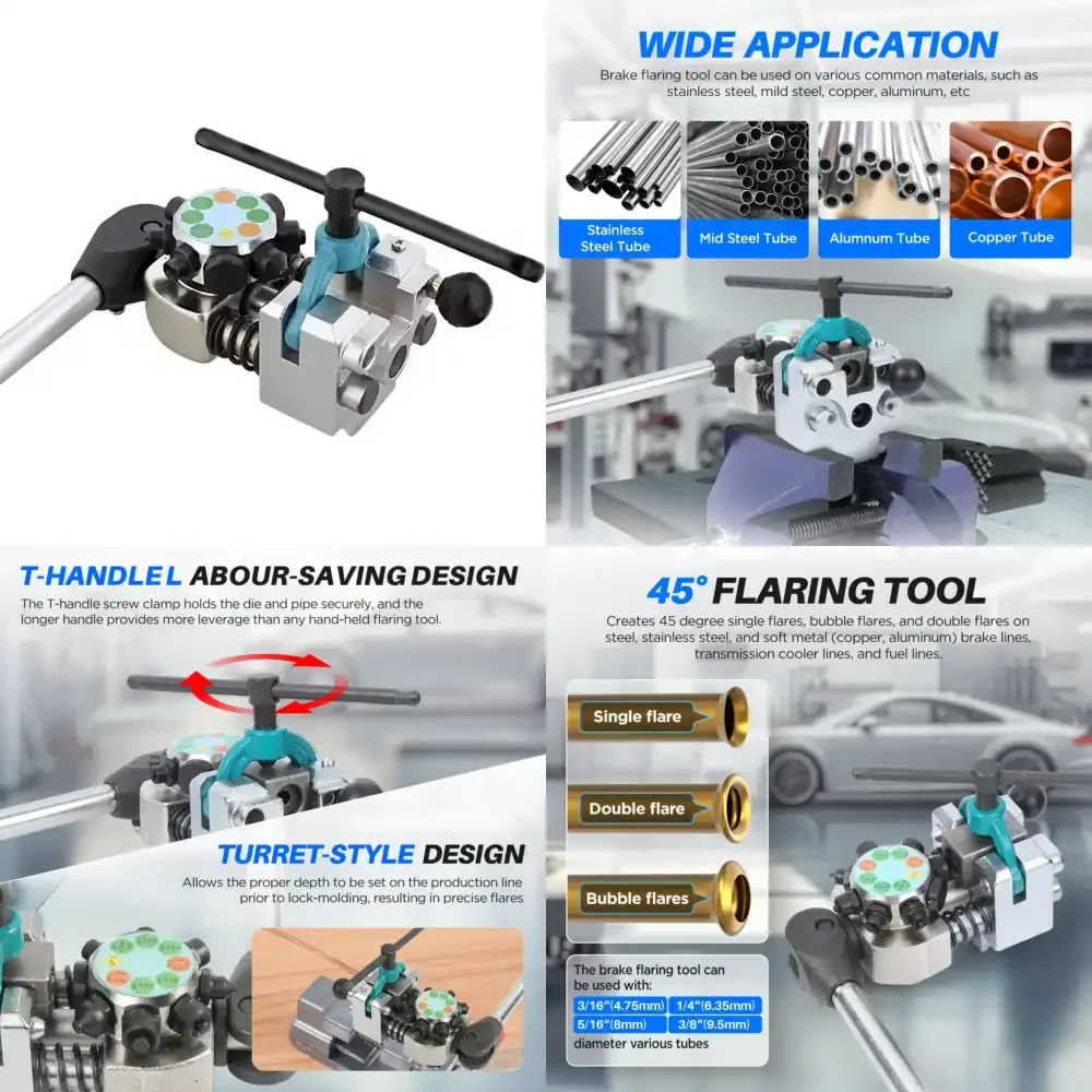 45/37 Degree Professional Brake Line Flaring Tool Kit for Single, Bubble, and Double Flares 3/16", 1/4", 5/16", 3/8" Tubing
45/37 Degree Professional Brake Line Flaring Tool Kit for Single, Bubble, and Double Flares 3/16", 1/4", 5/16", 3/8" Tubing