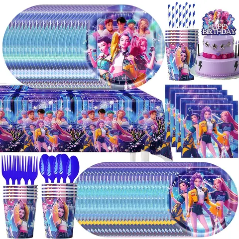 Demon Hunters Birthday Party Decor Cutlery Set Cup Plate Napkin Banner Balloon Girls Korean Kpop Anime Party Supplies Decoration