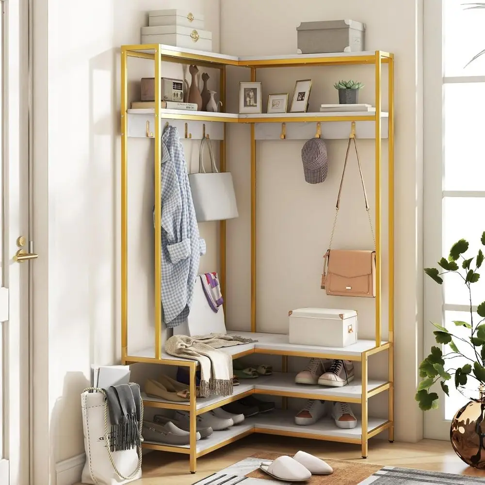 White & Gold L-Shaped Coat Rack with Shoe Bench and 5-Tier Garment Storage
White & Gold L-Shaped Coat Rack with Shoe Bench and 5-Tier Garment Storage