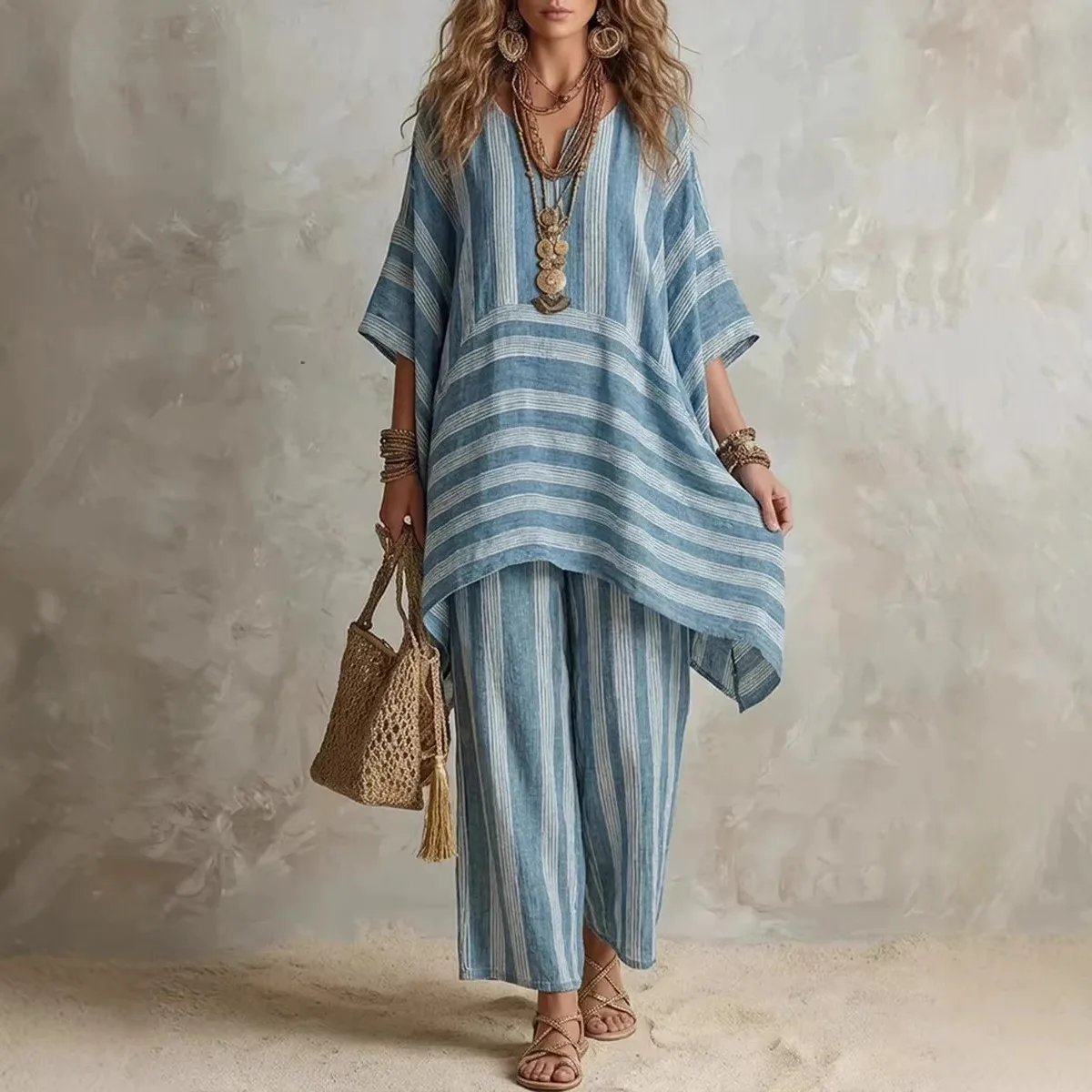 2026 New Women's Two Piece Spring/Summer Fashion V-neck Loose Striped Casual Set
2026 New Women's Two Piece Spring/Summer Fashion V-neck Loose Striped Casual Set