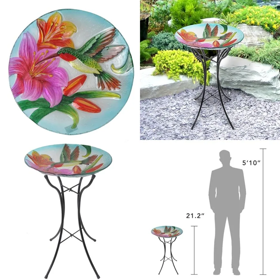 Handpainted Hummingbird Fusion Glass Birdbath Bowl Feeder with Metal Stand for Outdoor Patio Garden Backyard Decking, 21 Inch H
Handpainted Hummingbird Fusion Glass Birdbath Bowl Feeder with Metal Stand for Outdoor Patio Garden Backyard Decking, 21 Inch H