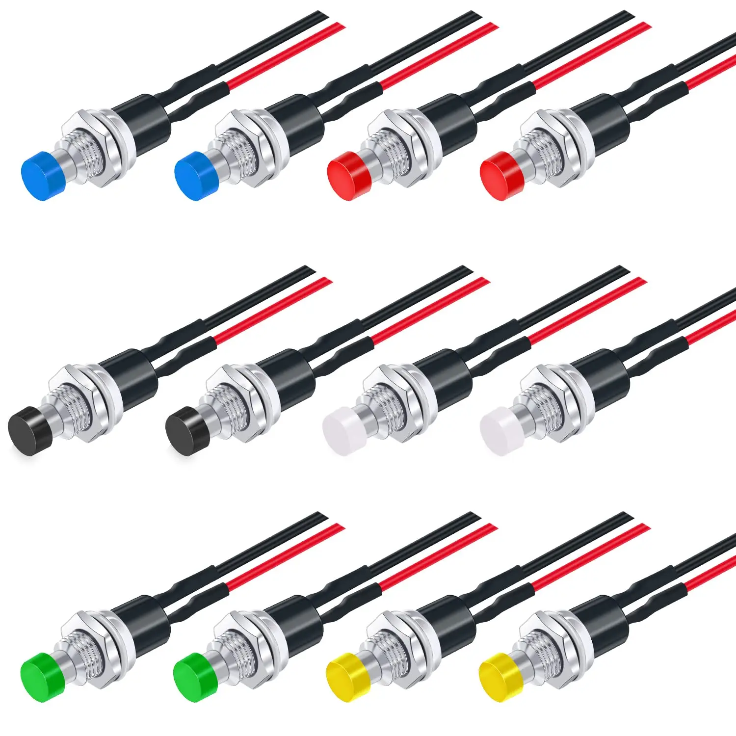 6Pcs 1A 250V AC 2 Pins SPST 6 Colors Normal Open Mini Momentary Push Button Switch with Pre-soldered Wires
6Pcs 1A 250V AC 2 Pins SPST 6 Colors Normal Open Mini Momentary Push Button Switch with Pre-soldered Wires