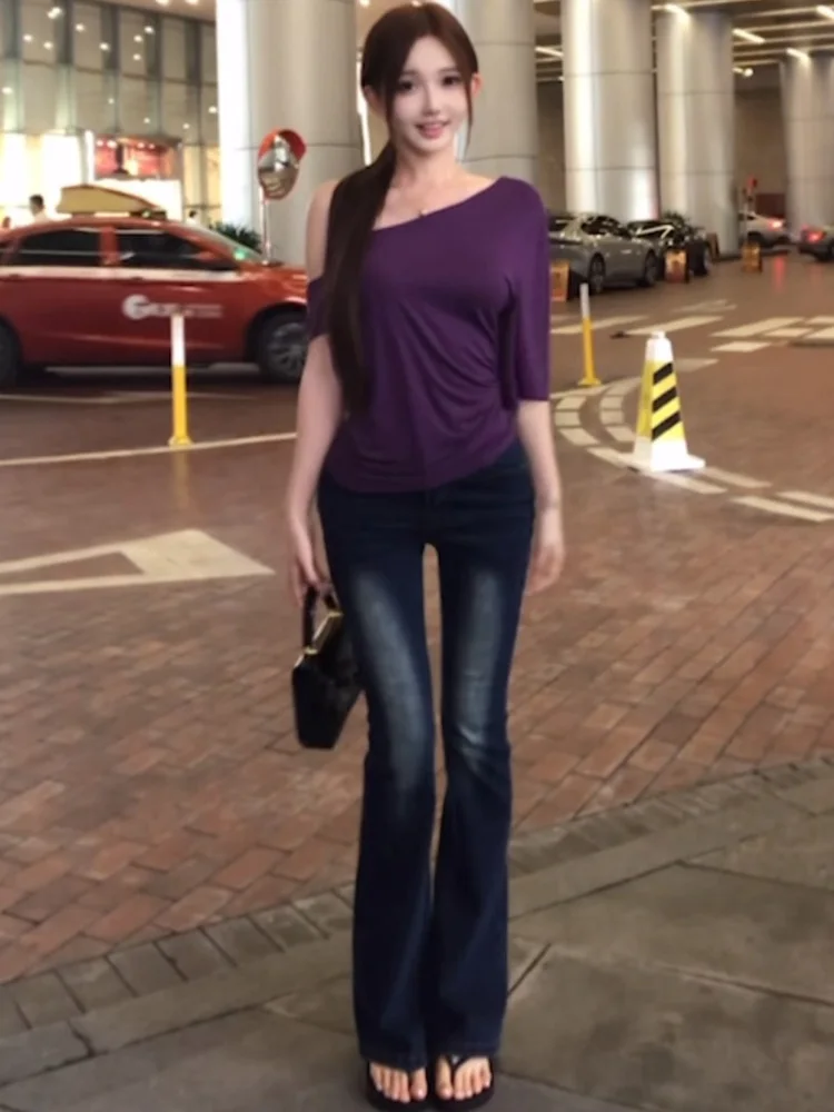 Deep Blue Flared Jeans Women's Korean Style Purple Shoulder Oblique Short Sleeve T-Shirt High Waist Cotton Stretch Denim Casual
Deep Blue Flared Jeans Women's Korean Style Purple Shoulder Oblique Short Sleeve T-Shirt High Waist Cotton Stretch Denim Casual