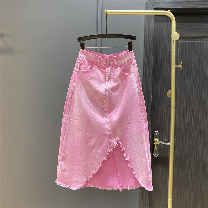 Summer New Pink Aging Denim High Waist A- Line Split Denim Skirt Women's Fashion Irregular Design Tassel Edge Slimming Skirt
Summer New Pink Aging Denim High Waist A- Line Split Denim Skirt Women's Fashion Irregular Design Tassel Edge Slimming Skirt