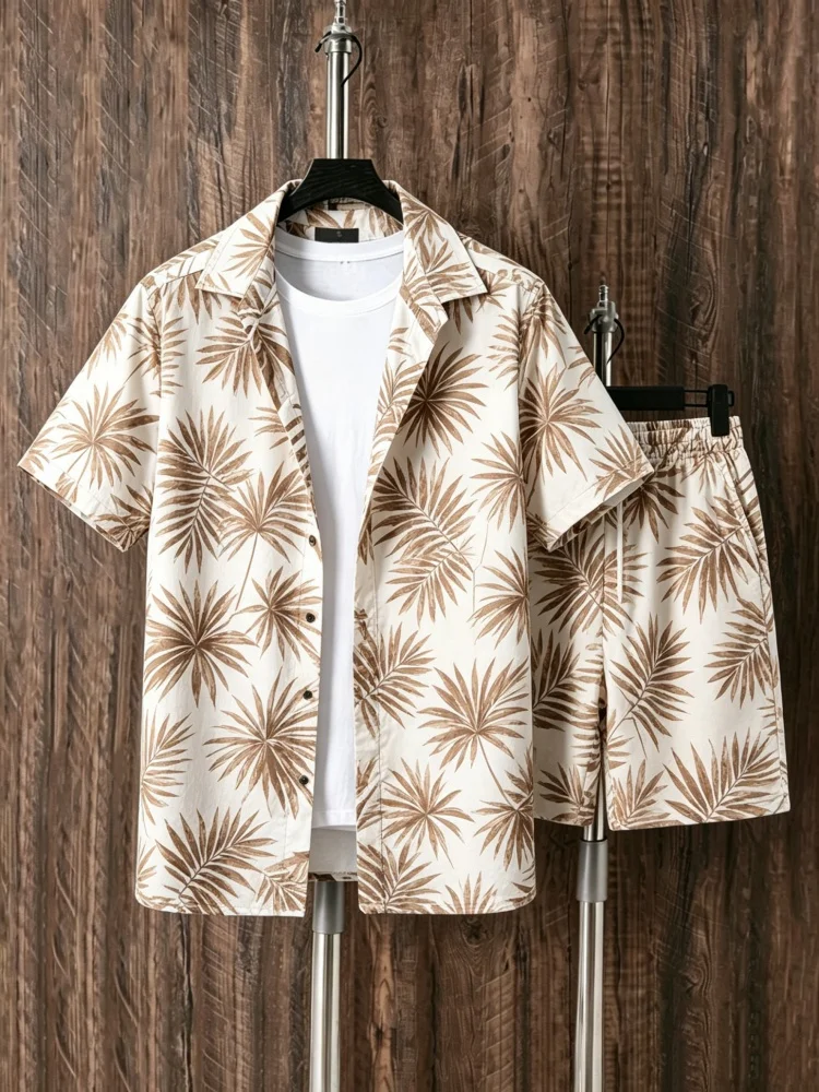Men's Short Sleeve Shirt & Shorts Set, Loose Comfort Beige Brown Tropical Palm Leaf Print Casual Summer Outfit
Men's Short Sleeve Shirt & Shorts Set, Loose Comfort Beige Brown Tropical Palm Leaf Print Casual Summer Outfit