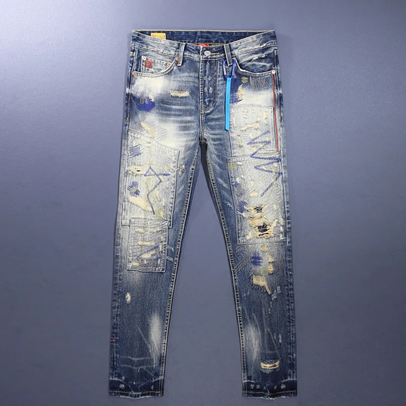 Street Designer Fashion Men Jeans High Quality Retro Blue Straight Patched Ripped Jeans Men Y2K Embroidery Hip Hop Denim Pants
Street Designer Fashion Men Jeans High Quality Retro Blue Straight Patched Ripped Jeans Men Y2K Embroidery Hip Hop Denim Pants