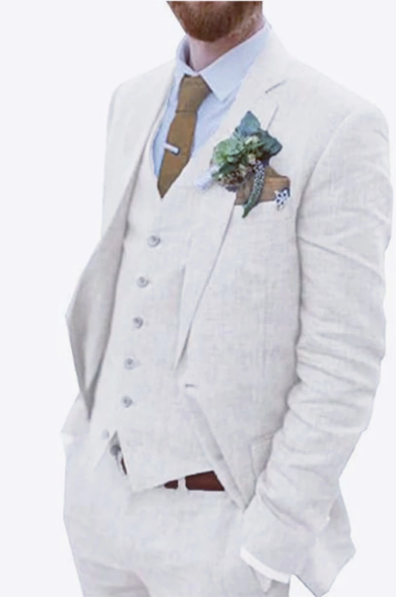 3 Piece White/Beige Linen Summer Men Suits for Wedding Groom Tuxedos Casual Beach Man Suit Set Jacket Vest with Pants for Party
3 Piece White/Beige Linen Summer Men Suits for Wedding Groom Tuxedos Casual Beach Man Suit Set Jacket Vest with Pants for Party