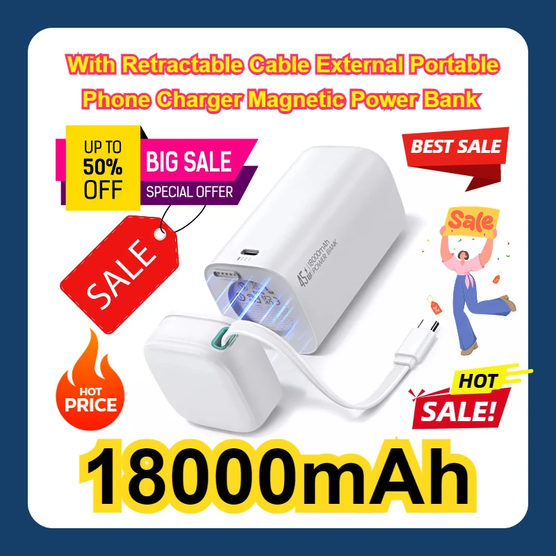 45W Type C PD Fast Charge Powerbank 18000mAh With Retractable Cable External Portable Phone Charger Magnetic Power Bank
45W Type C PD Fast Charge Powerbank 18000mAh With Retractable Cable External Portable Phone Charger Magnetic Power Bank