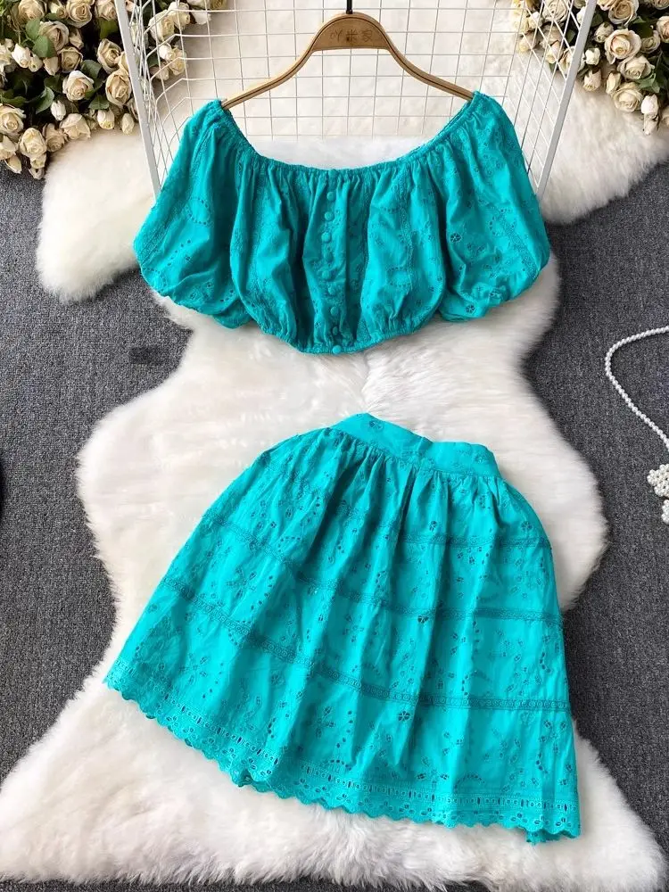 Summer Holiday Embroidery Two Piece Set Women Short Puff Sleeve Hollow Out Crop Top+Elastic Waist Cotton Mini Skirts Suit
Summer Holiday Embroidery Two Piece Set Women Short Puff Sleeve Hollow Out Crop Top+Elastic Waist Cotton Mini Skirts Suit