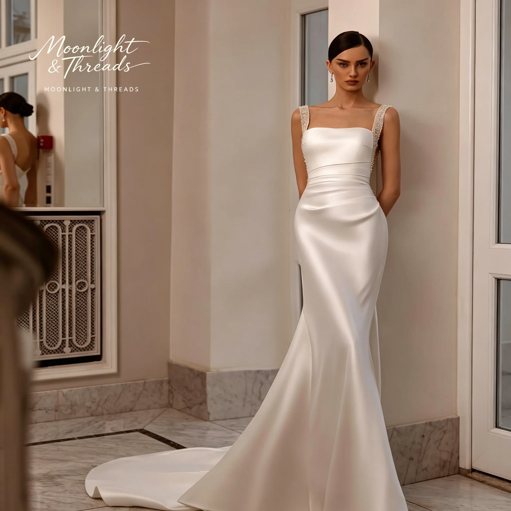 Elegant white satin strapless mermaid-style formal gown featuring beaded embellishments
Elegant white satin strapless mermaid-style formal gown featuring beaded embellishments