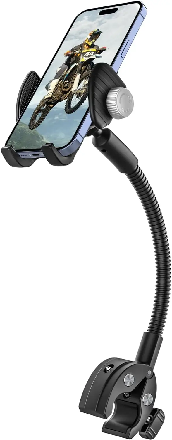 Gooseneck Phone Holder for Wheelchair, Stroller, Golf Cart - Handlebar Clamp for iPhone 17 Pro Max, S25, 4.7-7' Phones
Gooseneck Phone Holder for Wheelchair, Stroller, Golf Cart - Handlebar Clamp for iPhone 17 Pro Max, S25, 4.7-7' Phones