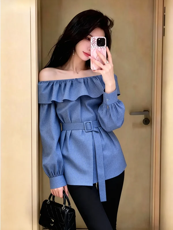 Summer New Casual Style Blue Plaid Women's Shirt Waist Cinching Long Sleeve Floral Shoulder Bared Fashionable Commute Wear
Summer New Casual Style Blue Plaid Women's Shirt Waist Cinching Long Sleeve Floral Shoulder Bared Fashionable Commute Wear