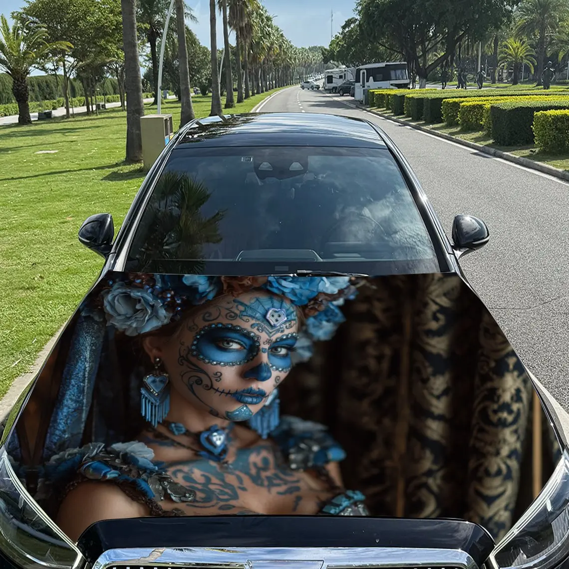 Blue Floral Decorated Skull Makeup Woman Car Vinyl Wrap, PVC Material Waterproof Car Hood Sticker, Self-Adhesive Scratch-Resista
Blue Floral Decorated Skull Makeup Woman Car Vinyl Wrap, PVC Material Waterproof Car Hood Sticker, Self-Adhesive Scratch-Resista
