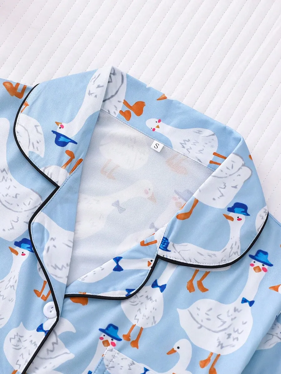 Women 2pcs Duck Print Pajama Set Short Sleeve Button Up Shirt Elastic Waist Shorts Loungewear Sleepwear
Women 2pcs Duck Print Pajama Set Short Sleeve Button Up Shirt Elastic Waist Shorts Loungewear Sleepwear
