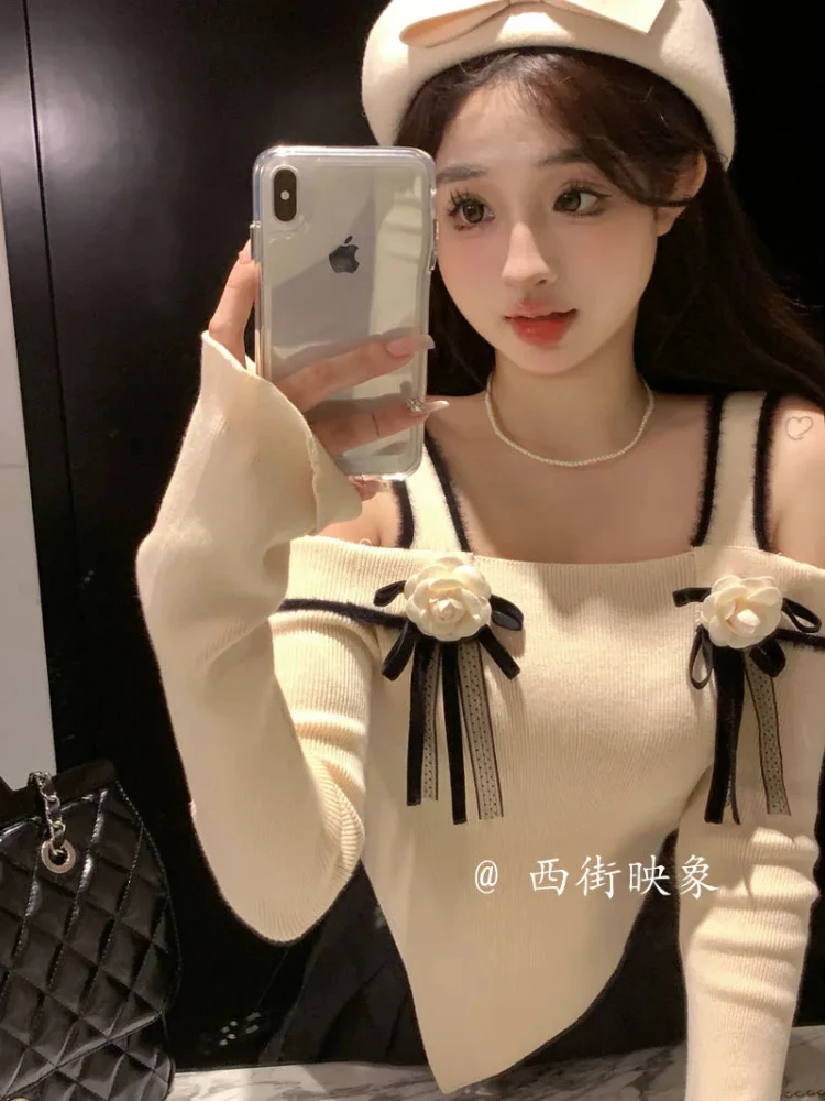 Pure Slash Neck 3d Flower Irregular Sweater Women Sexy Long Sleeve Strap Knit Crop Top Spring Sweet Slim Y2k Pullover
Pure Slash Neck 3d Flower Irregular Sweater Women Sexy Long Sleeve Strap Knit Crop Top Spring Sweet Slim Y2k Pullover