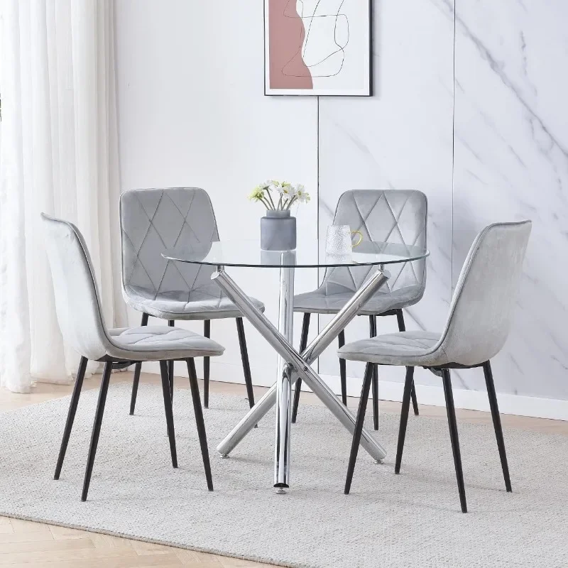 5 Pieces Round Clear Glass Dining Table and Velvet Chairs Set for 4 People Small Space
5 Pieces Round Clear Glass Dining Table and Velvet Chairs Set for 4 People Small Space