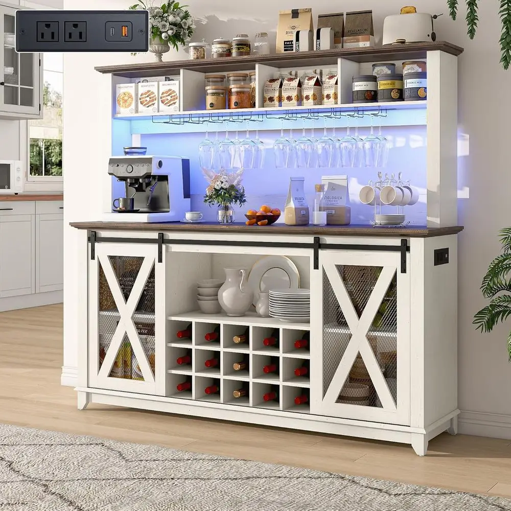 Wide 63 x 58 Antique White Coffee Bar Cabinet with Power Outlet, LED Light, 4 Storage Hutch, and 15 Wine Glass Racks
Wide 63 x 58 Antique White Coffee Bar Cabinet with Power Outlet, LED Light, 4 Storage Hutch, and 15 Wine Glass Racks