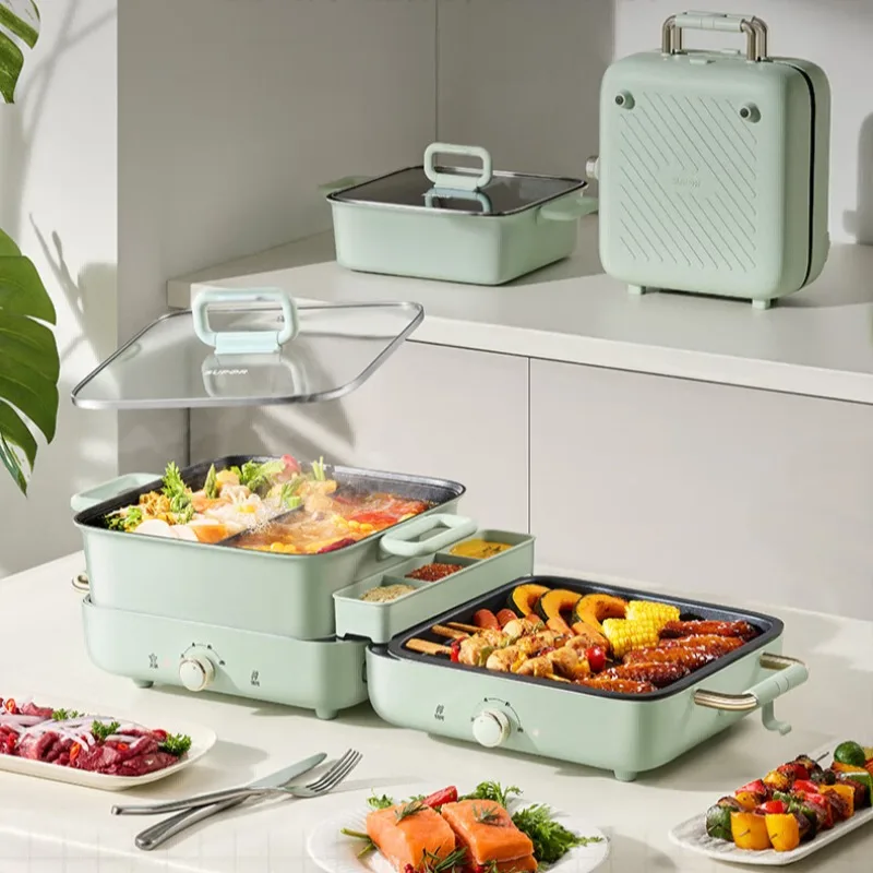 Electric Grill & Hot Pot Combo, Multifunctional Stackable Cooker with Baking Roasting Steaming All-in-One Design