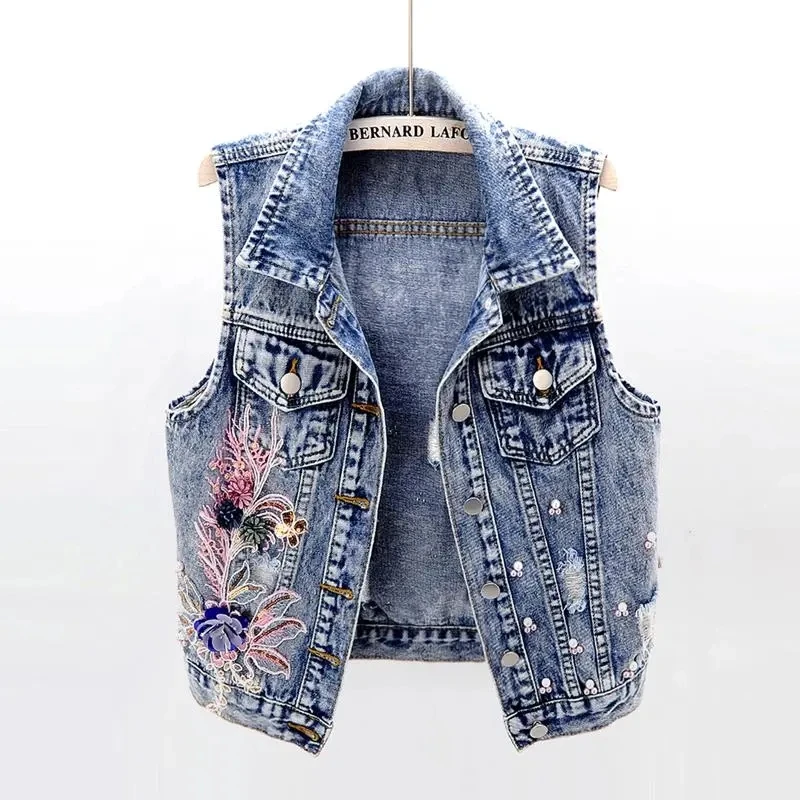 Women Denim Vest Jacket New Autumn Embroidery Beads Sleeveless Vintage Hole Jeans Vest Jacket Overcoat Female Top Waistcoat A859
Women Denim Vest Jacket New Autumn Embroidery Beads Sleeveless Vintage Hole Jeans Vest Jacket Overcoat Female Top Waistcoat A859
