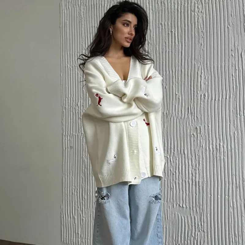 Повседневный кардиган с вышивкой таксы в стиле аниме, однобортный свободный свитер с длинными рукавами и v-образным вырезом, шикарное вязаное пальто, элегантная женская верхняя одежда 
Повседневный кардиган с вышивкой таксы в стиле аниме, однобортный свободный свитер с длинными рукавами и v-образным вырезом, шикарное вязаное пальто, элегантная женская верхняя одежда